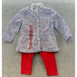 Carter's Cute‎ Baby Girl 2-Piece Blue Stripe/Red Heart Top & Legging Set Sz 18M